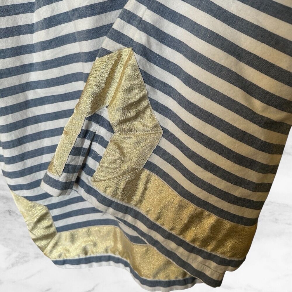 Eliza J Dress Gold Metallic Mandarin Collar Sleeveless Shift Dress Blue Stripes - Picture 5 of 8